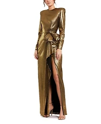 Mac Duggal Metallic Jersey Long Sleeve Bow Detail Thigh High Slit Gown