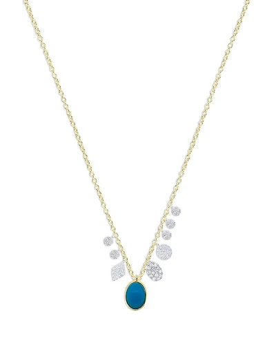 14K White & Yellow Gold Turquoise & Diamond Dangle Pendant Necklace, 18-20"