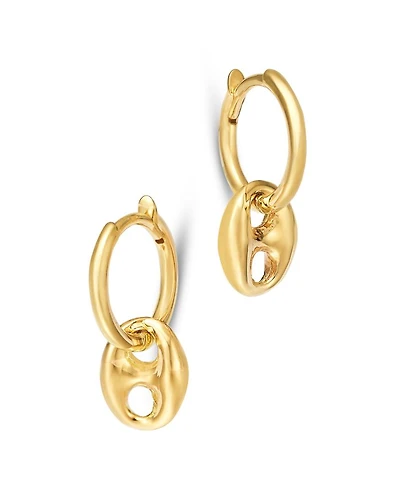 14K Yellow Gold Heavy Metal Mariner Link Dangle Small Huggie Hoop Earrings