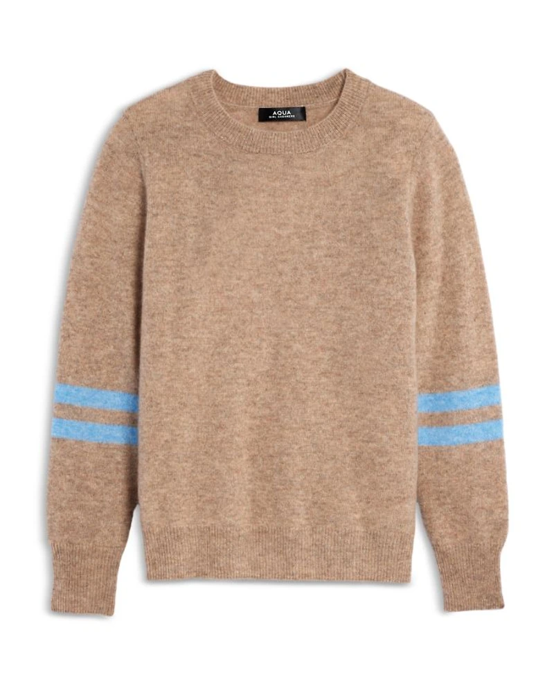 Girls' Stripe Sleeve Cashmere Pullover Crewneck Sweater, Big Kid - Exclusive