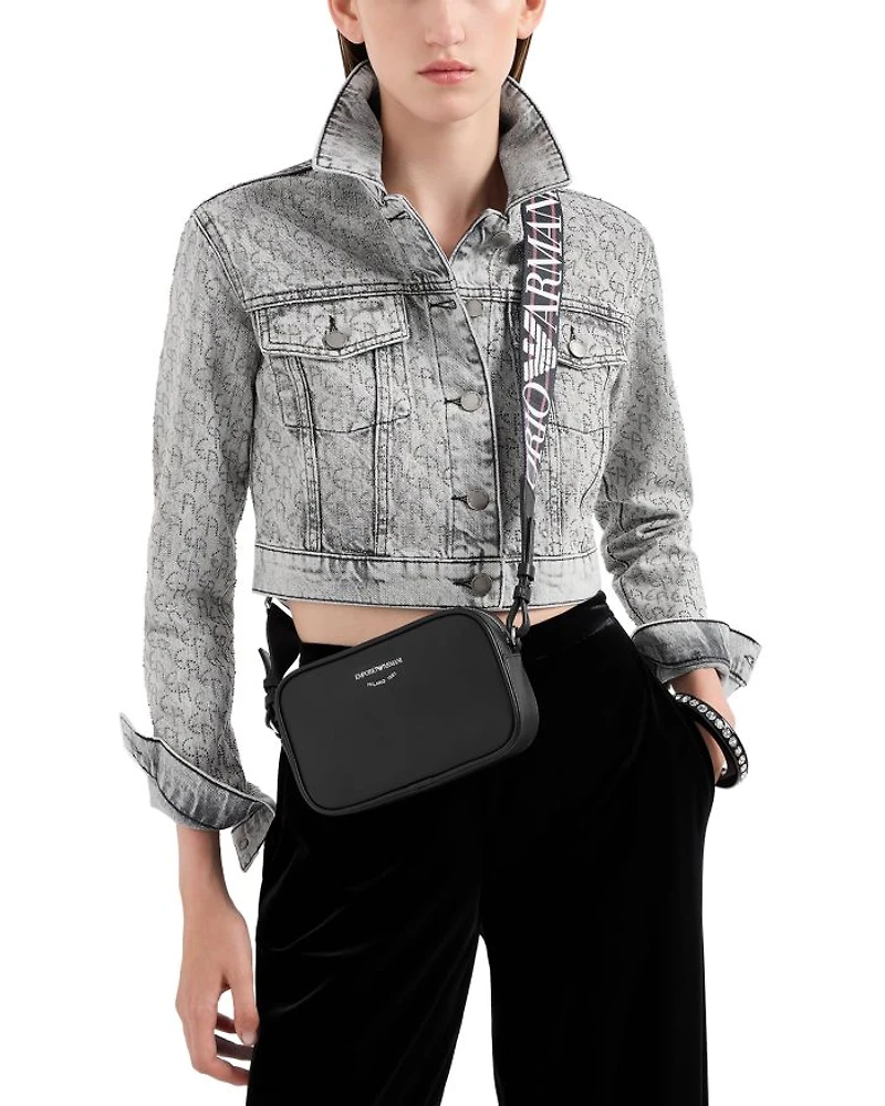 Rhinestone Logo Cropped Denim Jacket