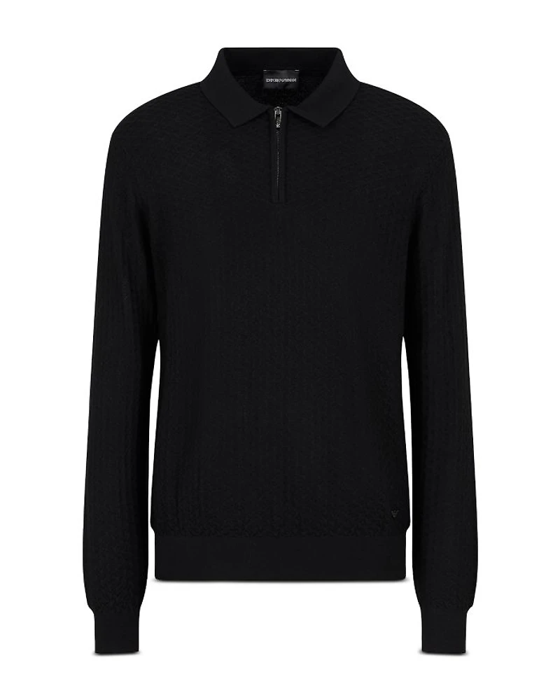 Wool Diamond Jacquard Regular Fit Quarter Zip Polo Sweater