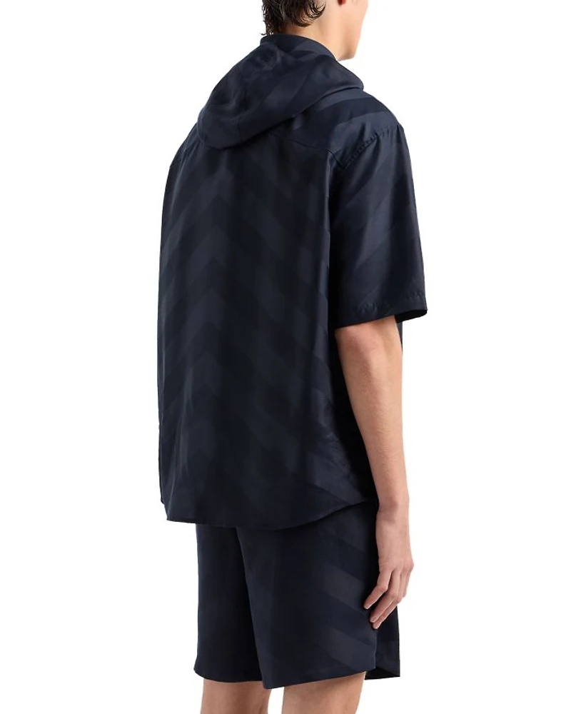 Chevron Patterned Hooded Short Sleeve Button Down Shirt