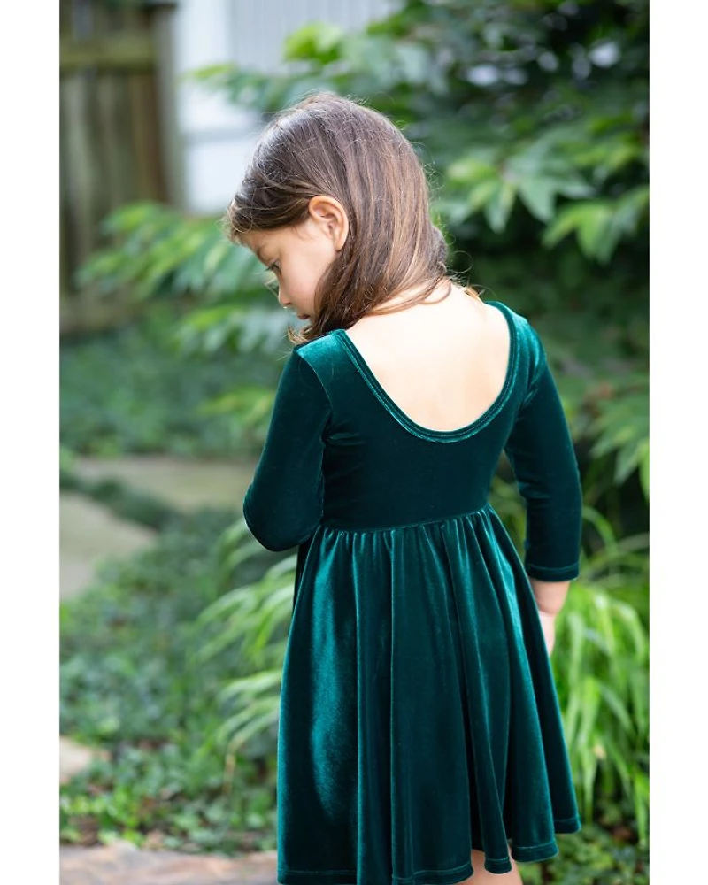 Girls' Holiday Twirly Dress Emerald Stretch Velvet - Little Kid, Big Kid
