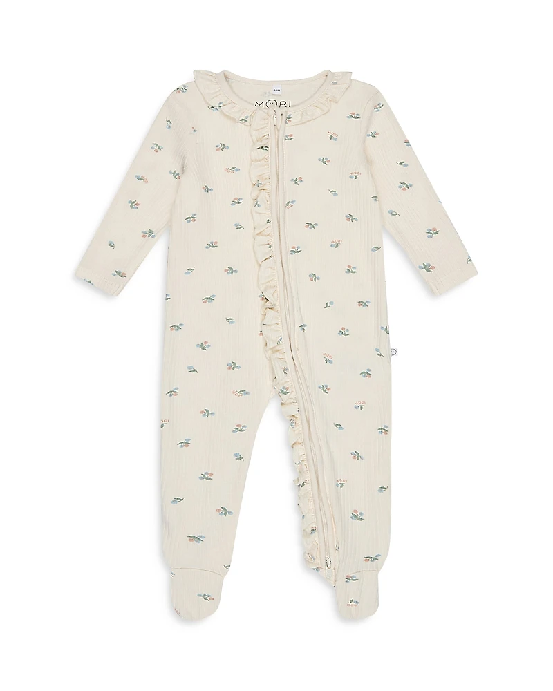 Mori Girls' Ribbed Floral Print Two Way Zip Footie