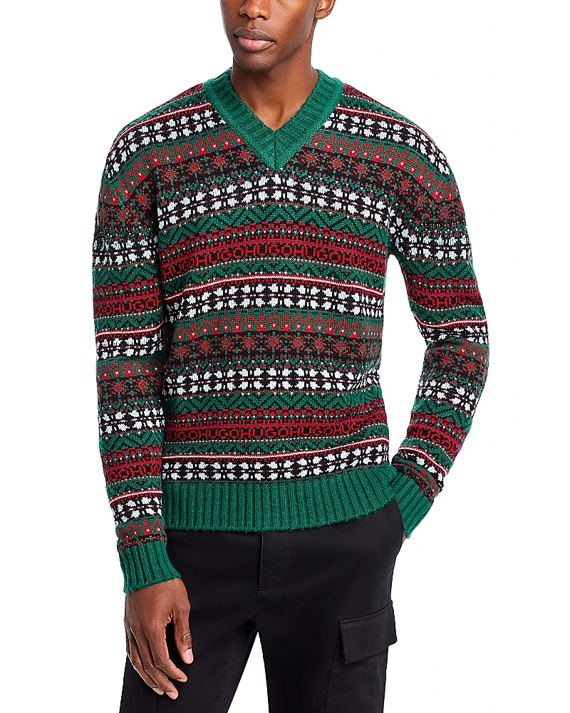 Hugo Sissoh Wool Blend Fair Isle Relaxed Fit V Neck Sweater