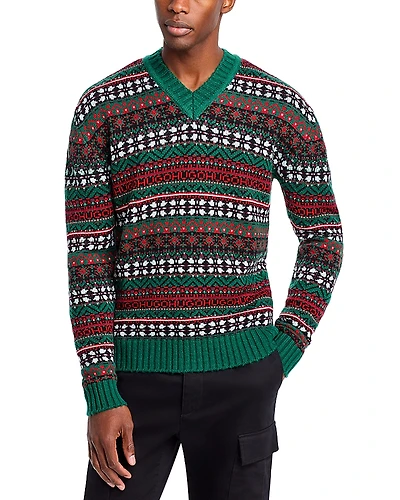 Hugo Sissoh Wool Blend Fair Isle Relaxed Fit V Neck Sweater