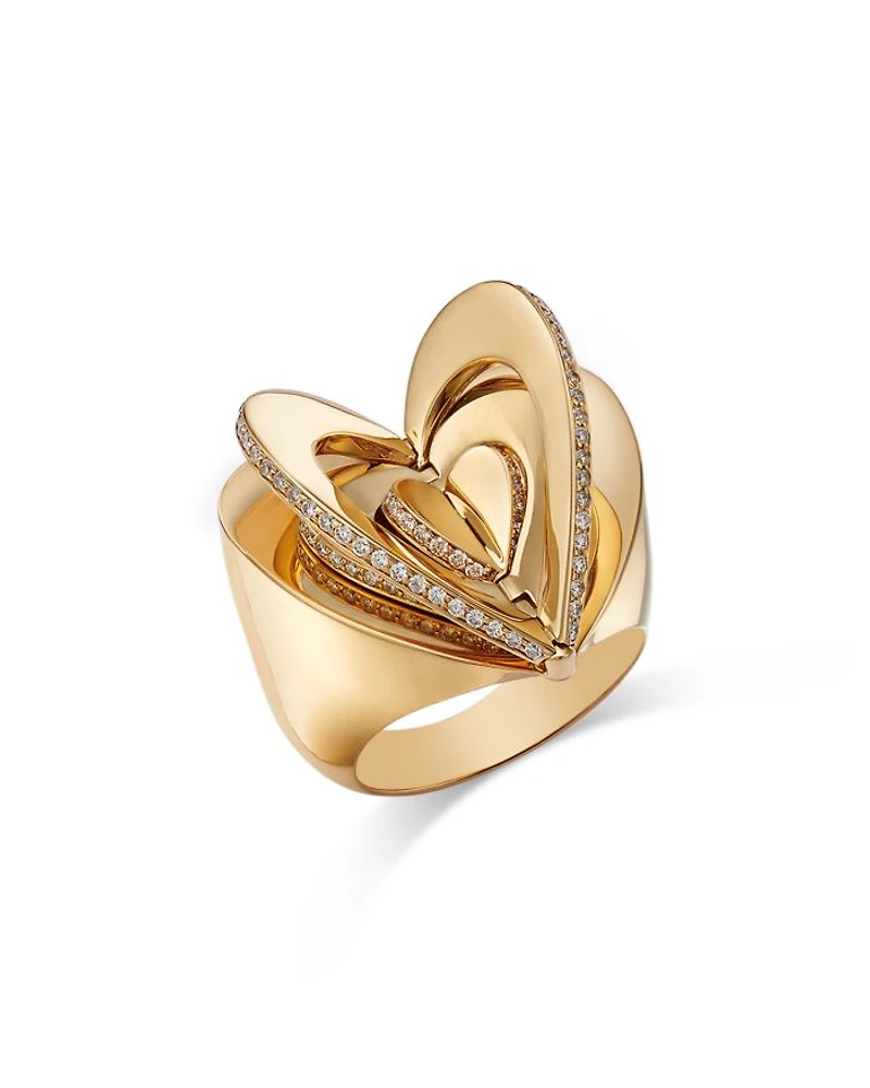 18K Yellow Gold Endless Diamond Folded Heart Statement Ring