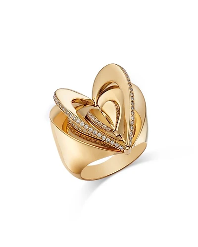 18K Yellow Gold Endless Diamond Folded Heart Statement Ring