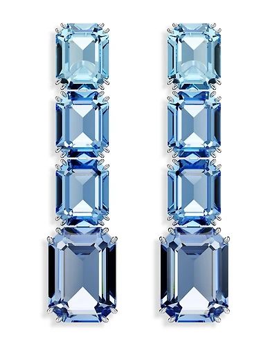 Millenia Blue Octagon Crystal Linear Drop Earrings in Rhodium Plated