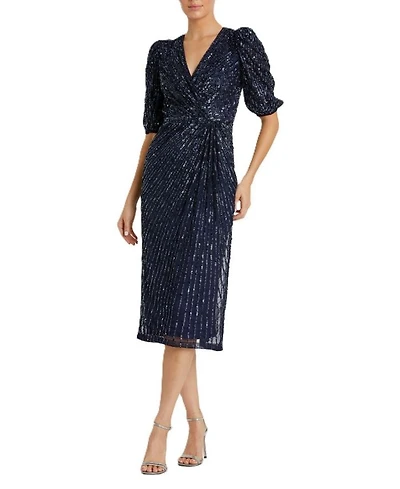 Sequin V-Neck Short Puff Sleeve Midi Dress