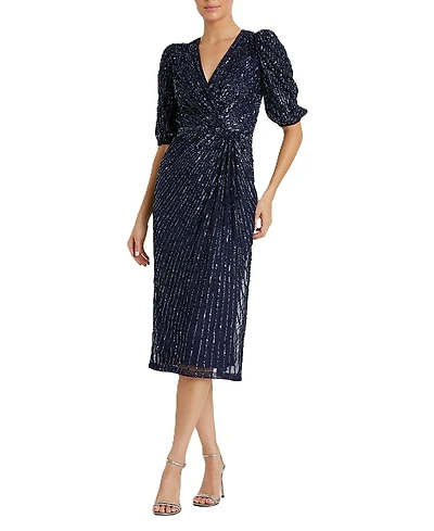 Mac Duggal Sequin V-Neck Short Puff Sleeve Midi Dress