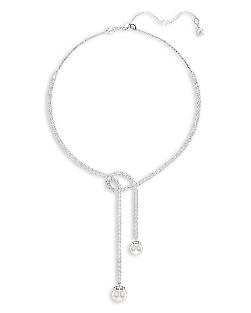 Matrix Crystal & Imitation Pearl Lariat Necklace in Rhodium Plated, 14.12"-16.12"