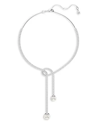 Matrix Crystal & Imitation Pearl Lariat Necklace in Rhodium Plated, 14.12"-16.12"