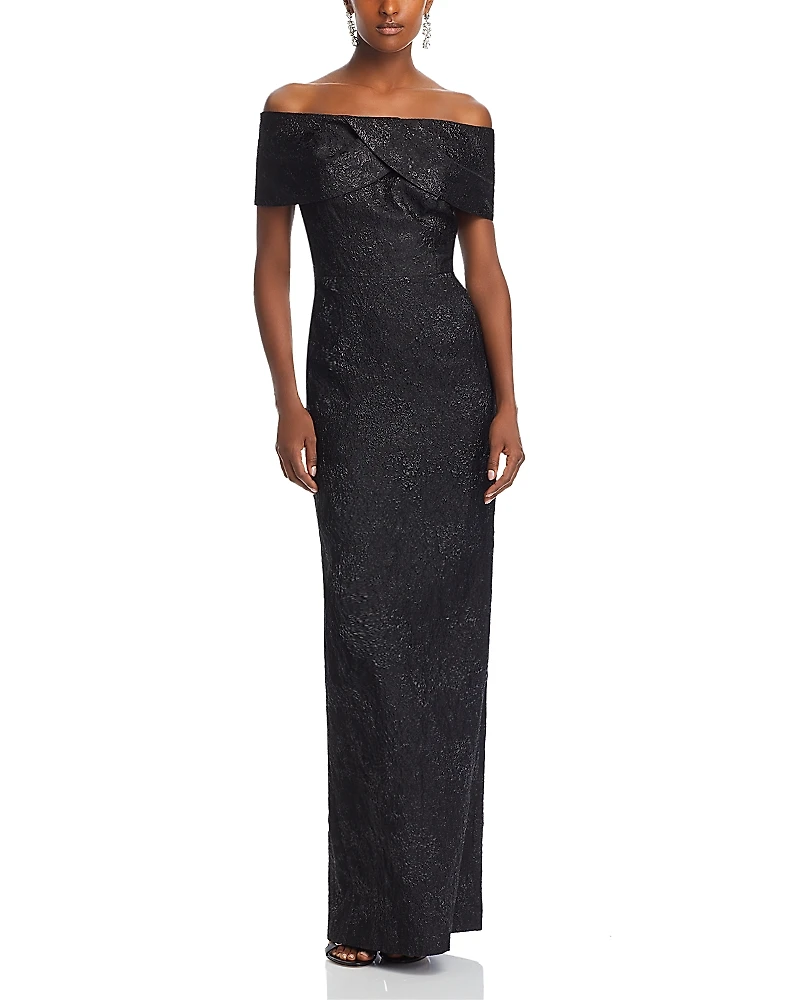 Teri Jon by Rickie Freeman Metallic Jacquard Off-the-Shoulder Gown