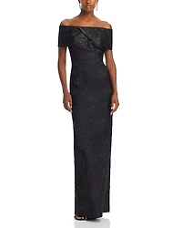 Teri Jon by Rickie Freeman Metallic Jacquard Off-the-Shoulder Gown