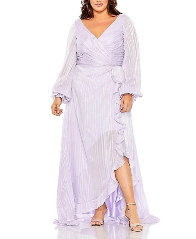 Mac Duggal Plus Striped Faux Wrap Bishop Sleeve Gown