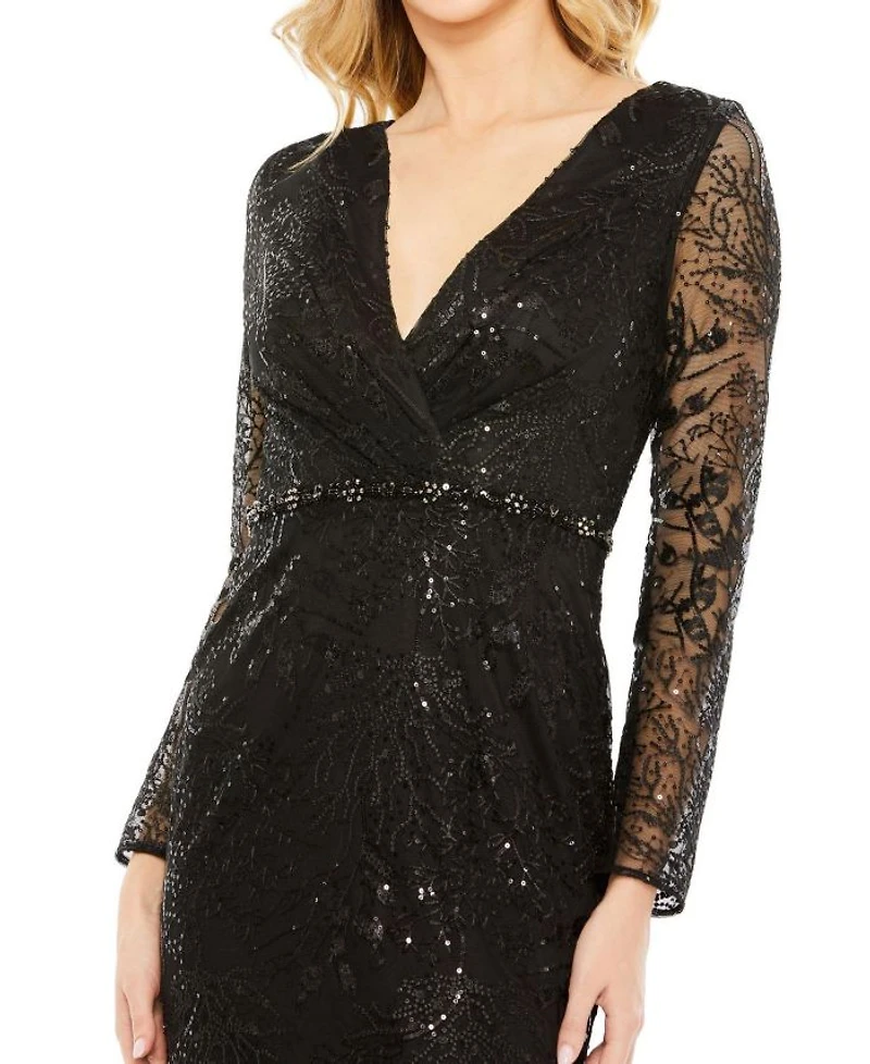 Embellished Wrap Over Long Sleeve Gown