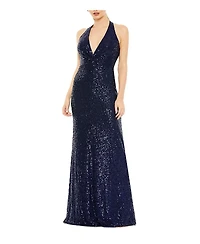 Mac Duggal Sequin Halter Strap Plunge Neck Gown