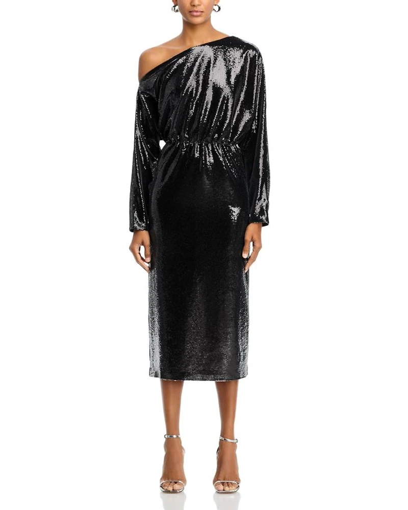 Sequined One Shoulder Midi Dress