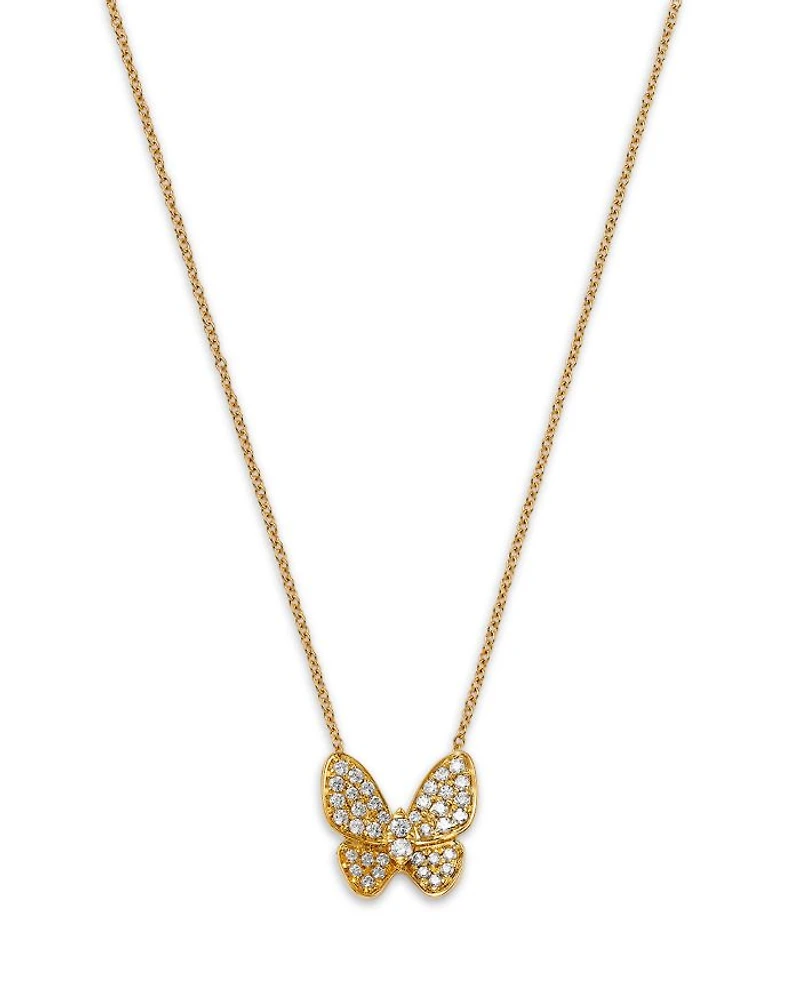 Diamond Pave Cut Butterfly Pendant Necklace in 14K Yellow Gold, 0.33 tcw