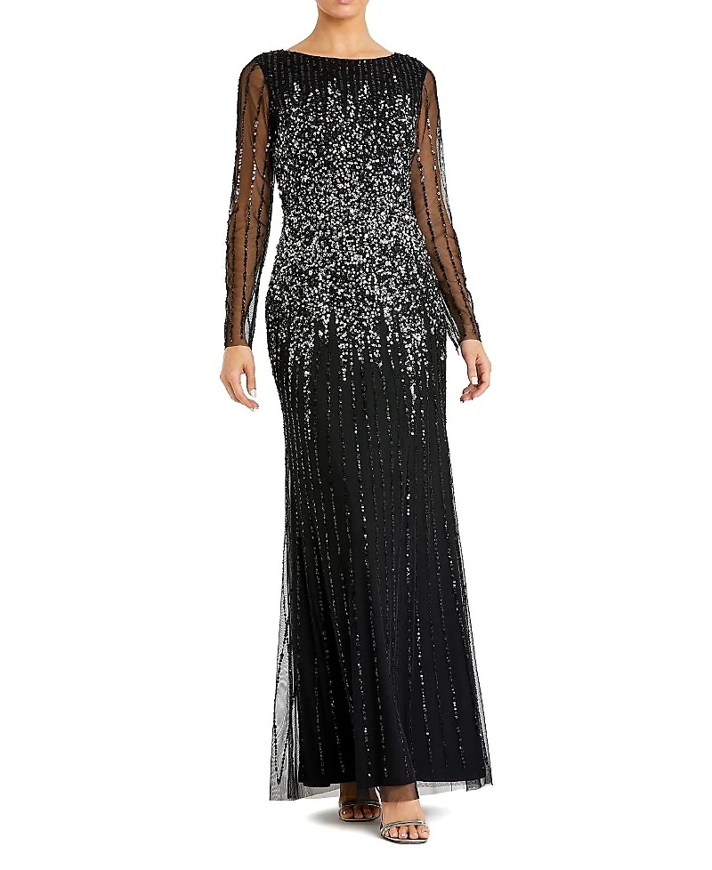 Mac Duggal High Neck Sequin Embellished Long Sleeve A Line Gown