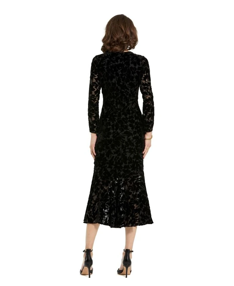 Burnout Velvet Long Sleeve Ruffle Hem Midi Dress