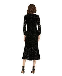 Burnout Velvet Long Sleeve Ruffle Hem Midi Dress