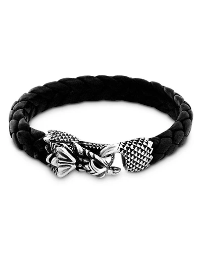 Men's Sterling Silver Dragon Head Clasp Woven Leather Bracelet