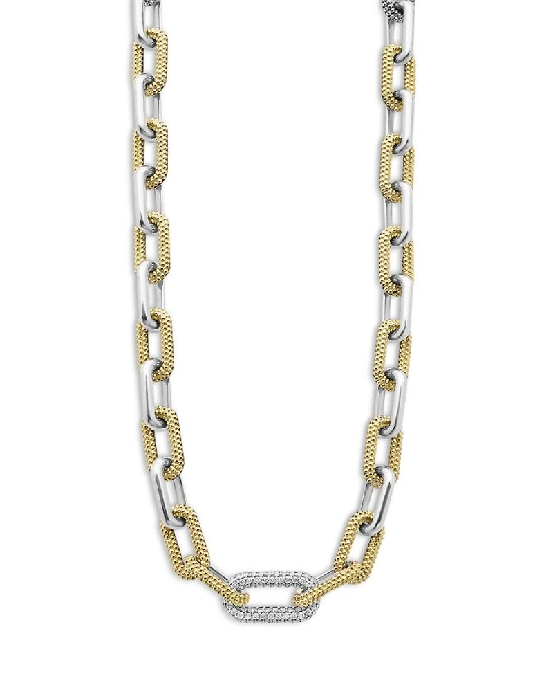 18K Yellow Gold & Silver Caviar Lux-Clip Diamond Link Necklace, 18