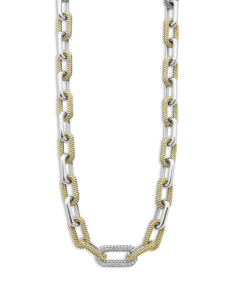 Lagos 18K Yellow Gold & Silver Caviar Lux-Clip Diamond Link Necklace, 18