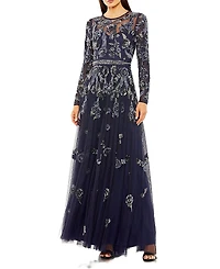 Mac Duggal Long Sleeve High Neck Floral Beaded A-Line Mesh Gown