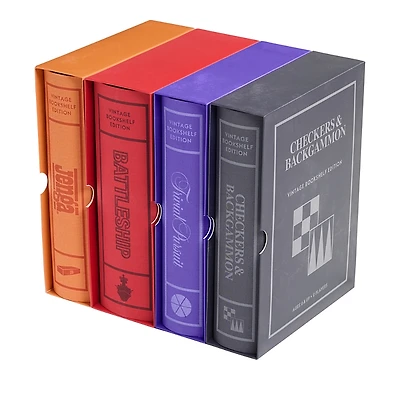 Ws Game Company Vintage Bookshelf Assortment 4-Pack: Jenga, Battleship, Checkers & Backgammon, Trivial Pursuit