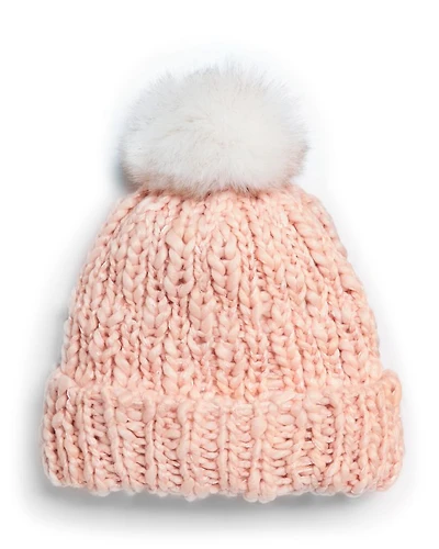 Girls' Knit Cuffed Beanie Hat With Faux Fur Pom - Big Kid