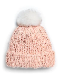 Surell Girls' Knit Cuffed Beanie Hat With Faux Fur Pom - Big Kid