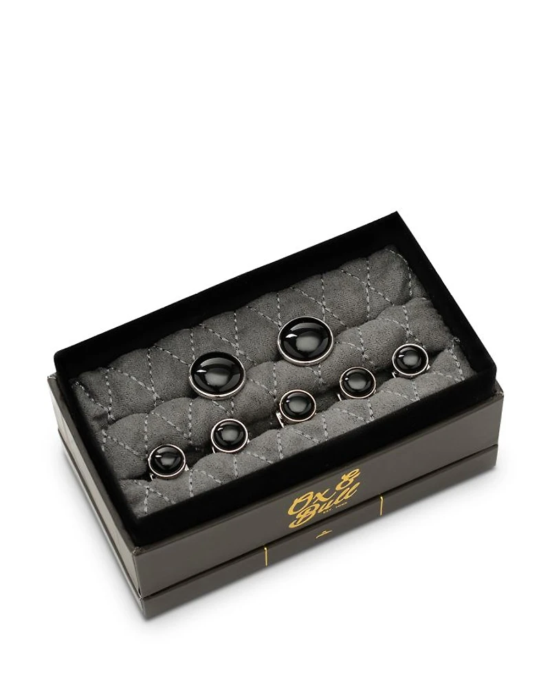 Onyx Inlay Silver Plated Round Stud & Cufflink Set