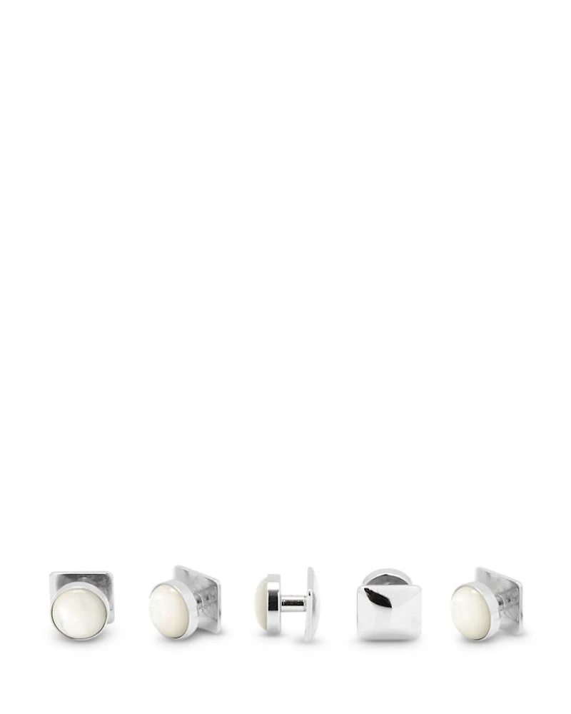 Mother of Pearl Inlay Rhodium Plated Round Stud & Cufflink Set