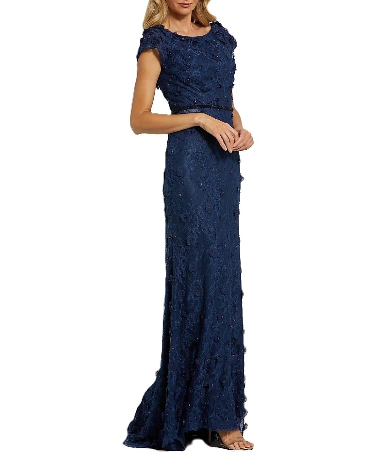 Mac Duggal Floral Applique Boar Neck Short Sleeve Gown