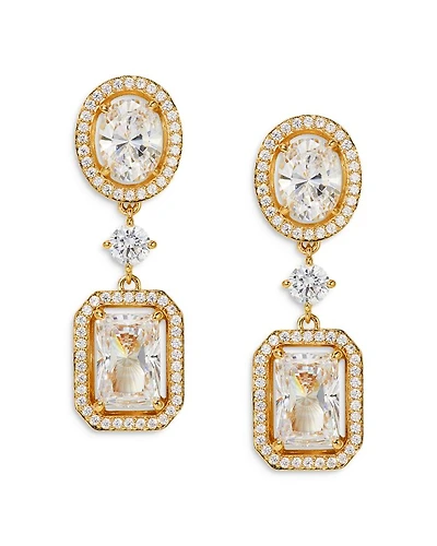 Radiant Cubic Zirconia Halo Double Drop Earrings in 18K Gold Plated