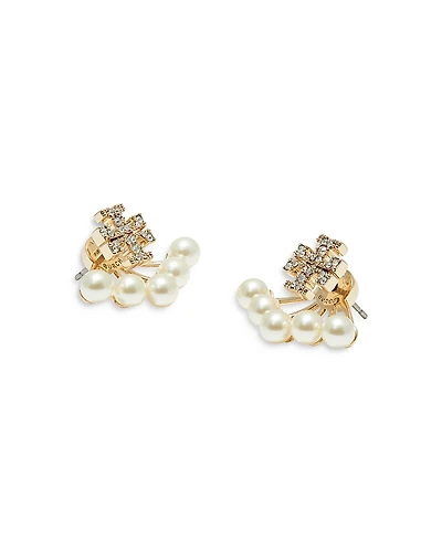 Tory Burch Pave Double T & Imitation Pearl Front to Back Earrings
