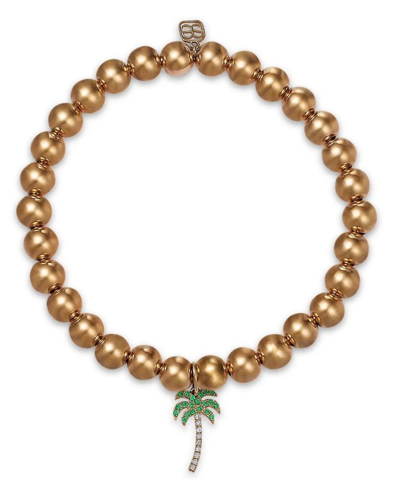 14K Yellow Gold Micro Pavé Diamond Palm Tree Charm Beaded Bracelet