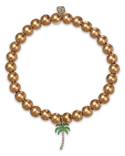 14K Yellow Gold Micro Pavé Diamond Palm Tree Charm Beaded Bracelet