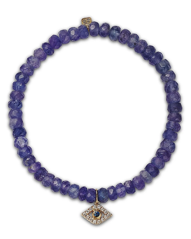 Sydney Evan Large Bezel Evil Eye Charm Blue Tanzanite Beaded Bracelet with Diamonds & Sapphires