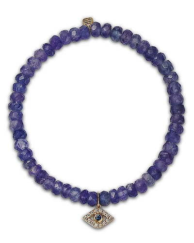 Sydney Evan Large Bezel Evil Eye Charm Blue Tanzanite Beaded Bracelet with Diamonds & Sapphires