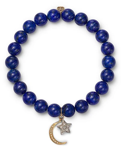 14K Yellow & White Gold Lapis Lazuli Beaded Diamond Celestial Charm Stretch Bracelet