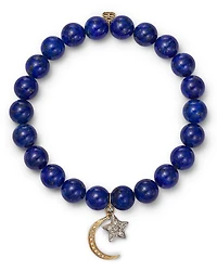14K Yellow & White Gold Lapis Lazuli Beaded Diamond Celestial Charm Stretch Bracelet