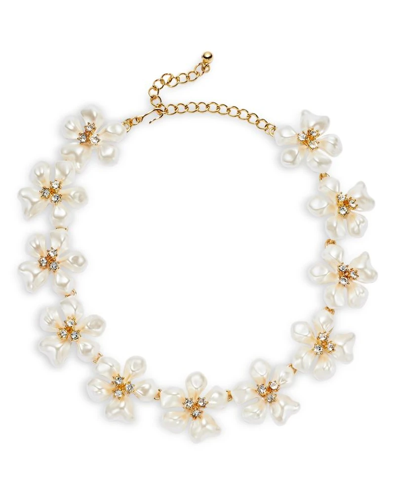 Imitation Pearl & Crystal Flower Statement Necklace, 15-19"