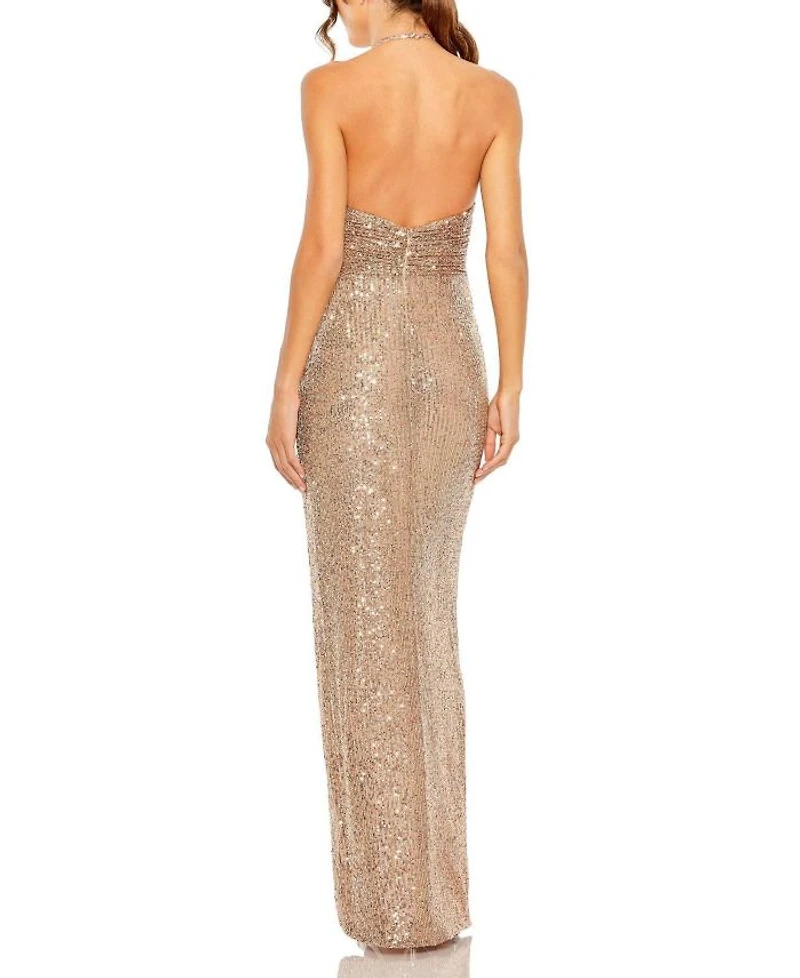 One Shoulder Ruched Side Front Slit Sequin Gown