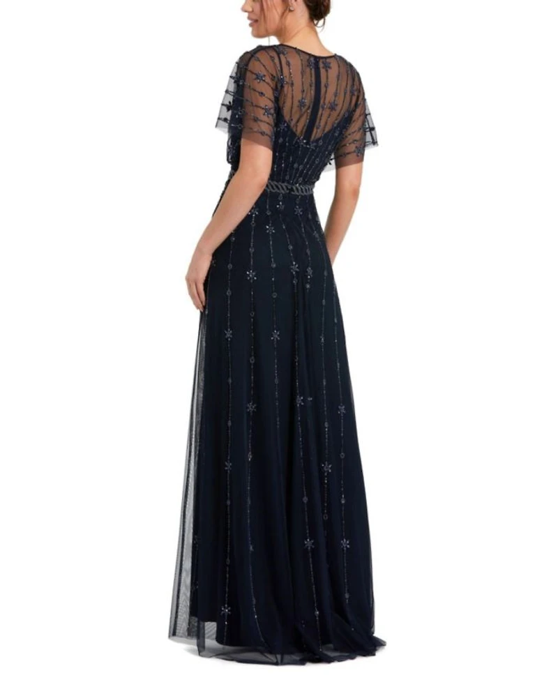 V Neck Embellished Flutter Sleeve A Line Gown