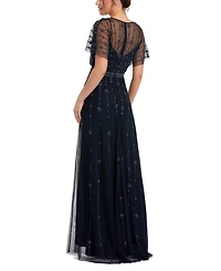 V Neck Embellished Flutter Sleeve A Line Gown